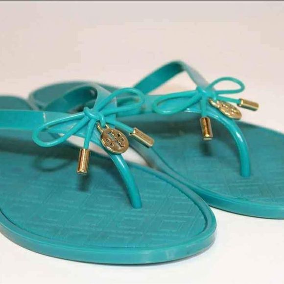Tory Burch Designer Womens Teal Blue Jelly Bow Thongs Flip Flops Sandals Size 7 - Picture 4 of 10
